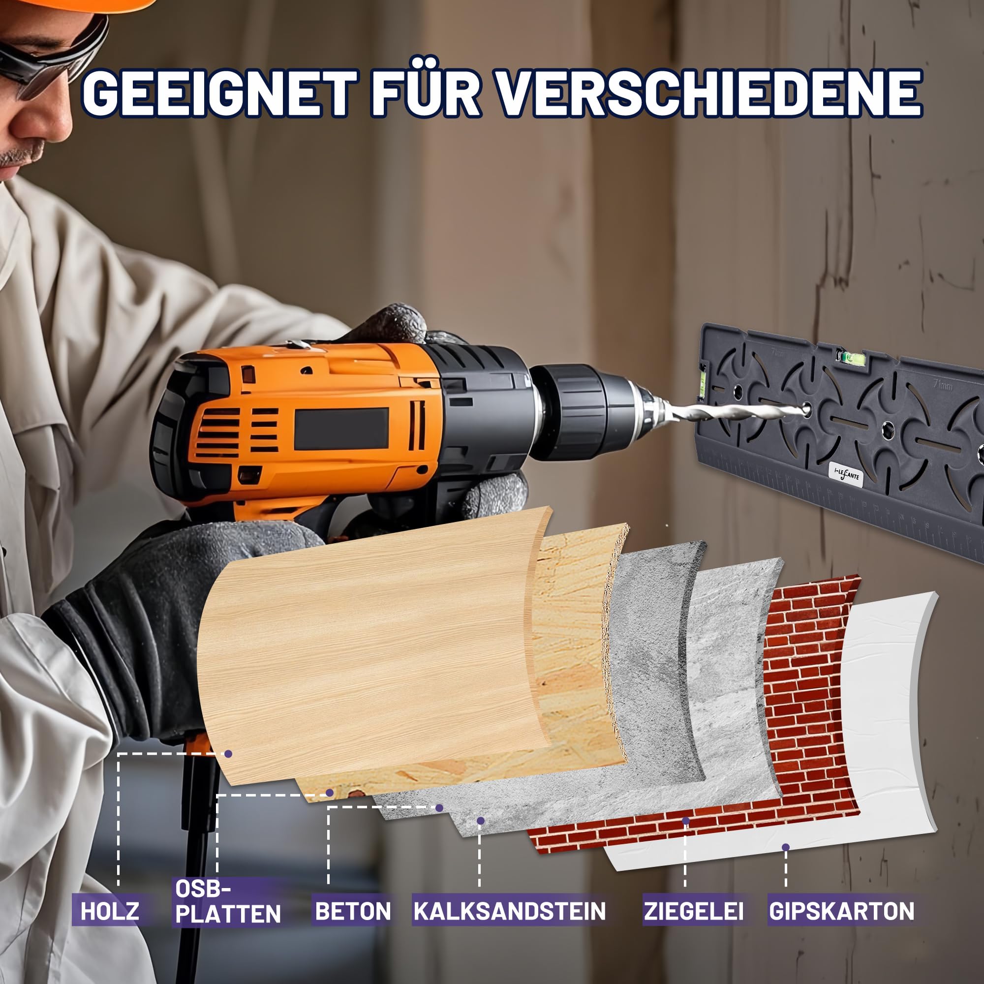 Bohrschablone für Steckdose Schalterdose Unterputzdose Hohlwanddose 71mm Abstand All in One mit Wasserwaage 30cm Lineal Für Elektroinstallation Rohbau Trockenbau Elektriker Heimwerker (Grau) 4