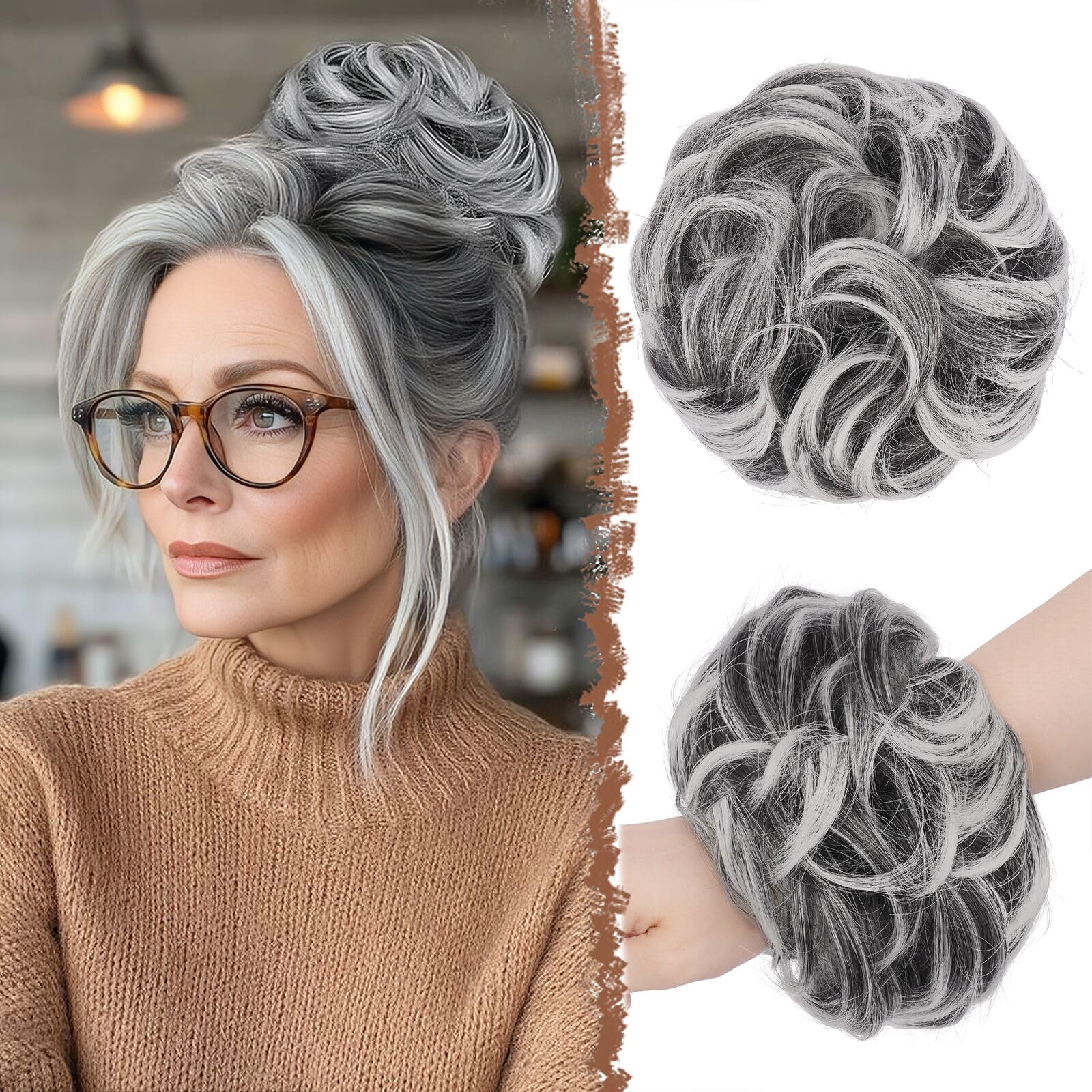 FESHFEN Messy Bun Hair Piece Hairs Scrunchies Thick Curly Wavy Pony Tail Synthetic Accessories Donut Updo Hairpieces for Women Girls 55g, Black with White Tips — image 1