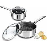 Bakoniion Hybrid Nonstick Saucepan Set of 2 with Lids 1.5 QT and 3 QT, Stainless Steel Honeycomb Pans,Compatible with All Cooktops,Dishwasher and Oven Safe