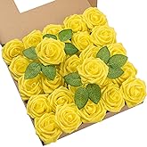 DuHouse 25Pcs Artificial Roses Flowers Fake Roses with Stems Real Touch Foam Flowers for DIY Wedding Bouquet Party Centerpiece Floral Arrangement Party Home Decor(Yellow)