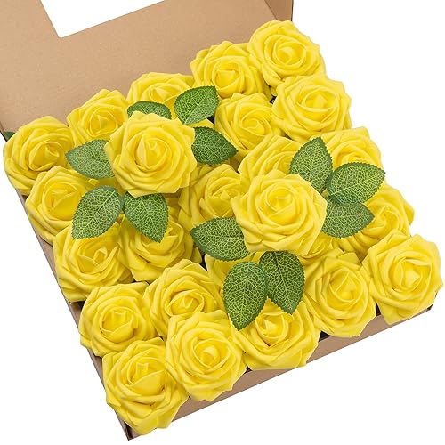 DuHouse 25Pcs Artificial Roses Flowers Fake Rose with Stems Real Touch Foam Flower Head for DIY Wedding Bridal Bouquet Baby Shower Centerpiece Floral Arrangement Party Home Decor(Yellow)