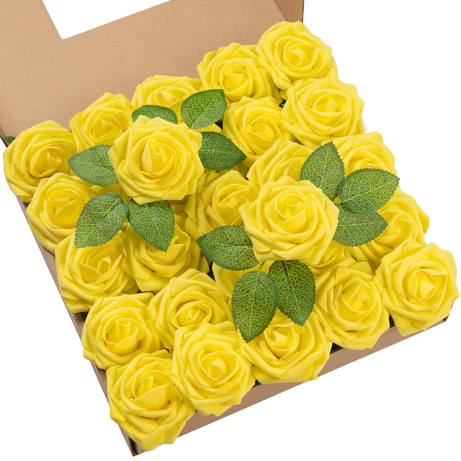 DuHouse 25Pcs Artificial Roses Flowers Fake Rose with Stems Real Touch Foam Flower Head for DIY Wedding Bridal Bouquet Baby Shower Centerpiece Floral Arrangement Party Home Decor(Yellow)