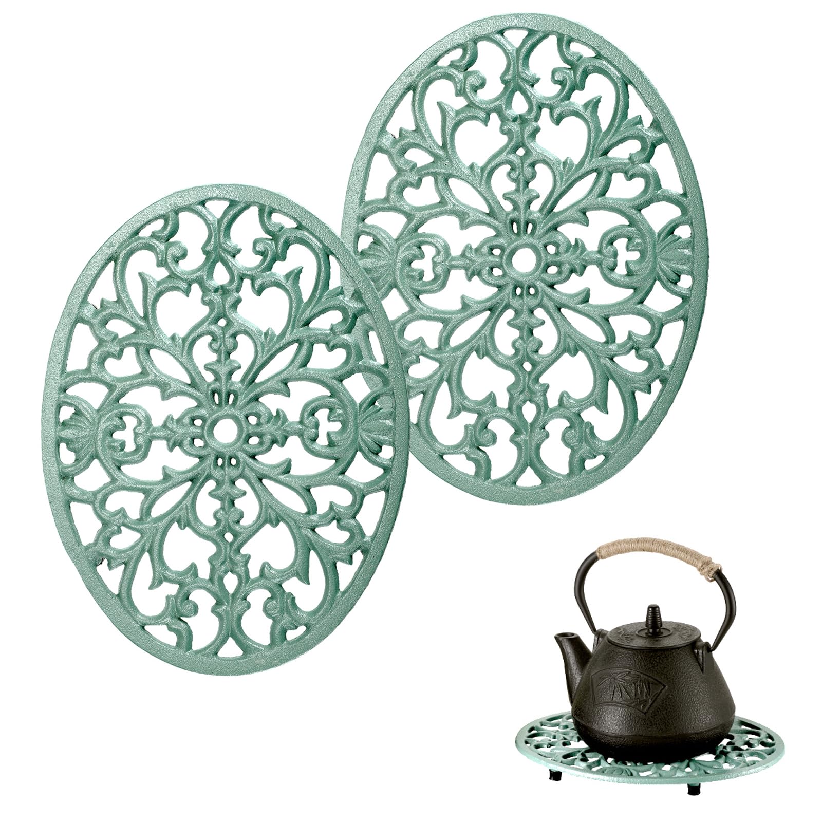 Photo 1 of 2 Pack Cast Iron Trivets, Green Oval Trivet 9.6"x7.3", Heat Resistant Metal Trivets for Hot Dishes Pots Pans Plates Teapot, Heavy Duty Cast Iron Pot Holder for Kitchen Countertops Dining Table