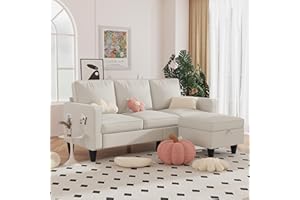 Lonkwa Convertible Sectional Sofa Couch, Beige 3 Seat L-Shaped Sofas with Movable Ottoman, Modern Linen Fabric Couches for Living Room, Apartment, Office, Small Space