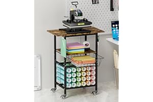 Ardier Movable Heat Press Machine Cart with Basket and Hooks, 3 Tier Crafting Shelf Organizer with Vinyl Roll Holder, Workbench for DIY Sublimation Transfer Machine and Printer or T-shirt Maker, Black