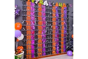 LOLStar Halloween Party Decoration, 2 Pack Black Orange and Purple Bat Photo Booth Props, 3.3 x 6.6 ft Halloween Foil Fringe Curtains, Halloween Photo Backdrop Streamers for Halloween Party Supplies