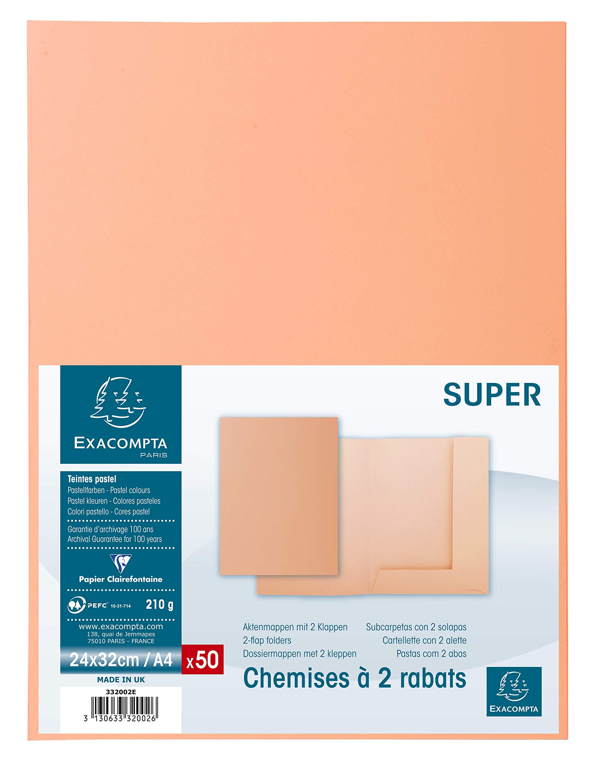 Exacompta - Ref 332002E - Super 210 2-Flap Folders - 240 x 320mm in Size, Suitable for Holding A4 Documents, 210gsm Card, 2 Internal Flaps - Buff (Pack of 50)