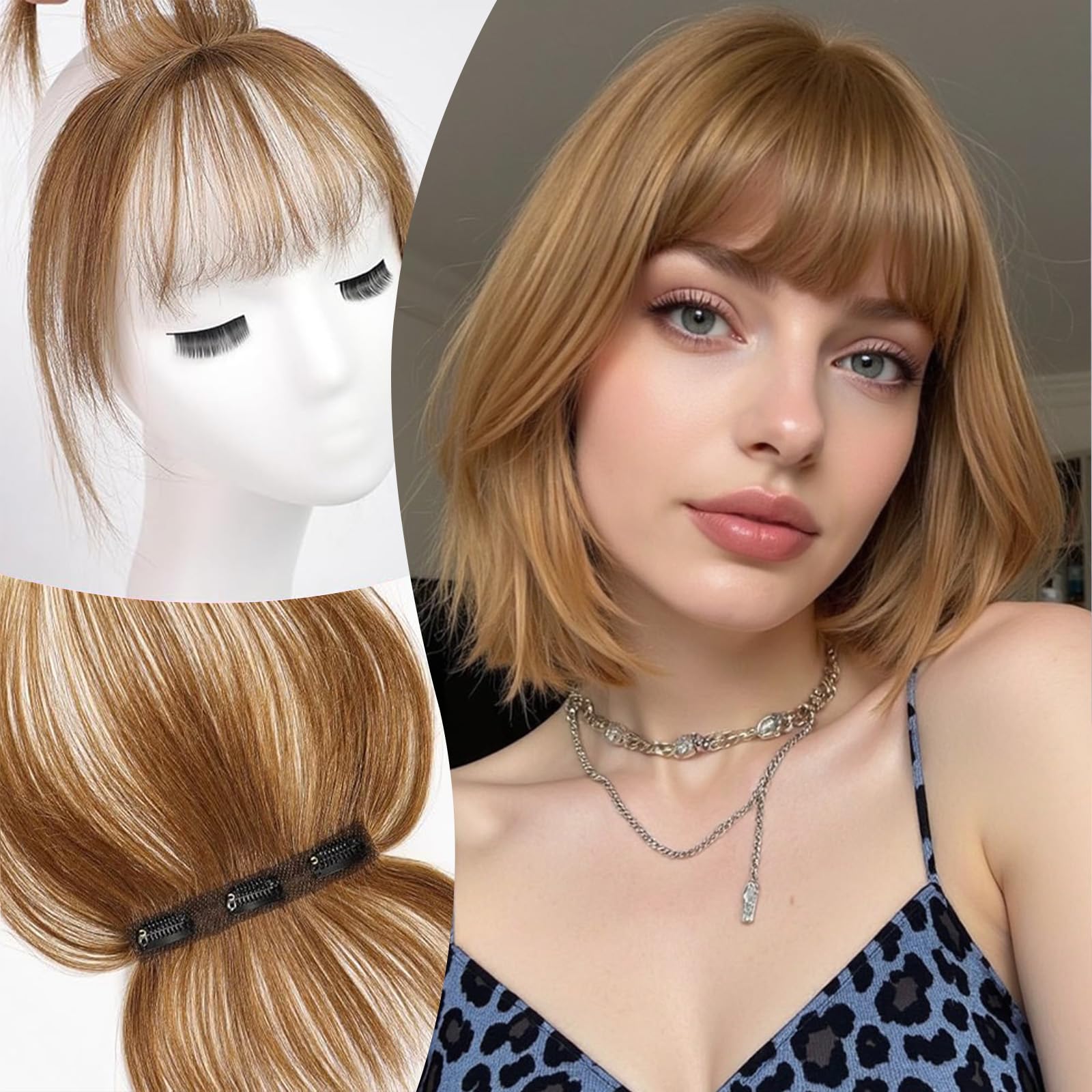 EMMOR Clip in Bangs, 100% Human Hair Bangs with 3 Non-slip Clips, 360°Cover Top HairPieces with 5 inch Wispy Fringes for enhancing Women's Facial Features(Light Brown)