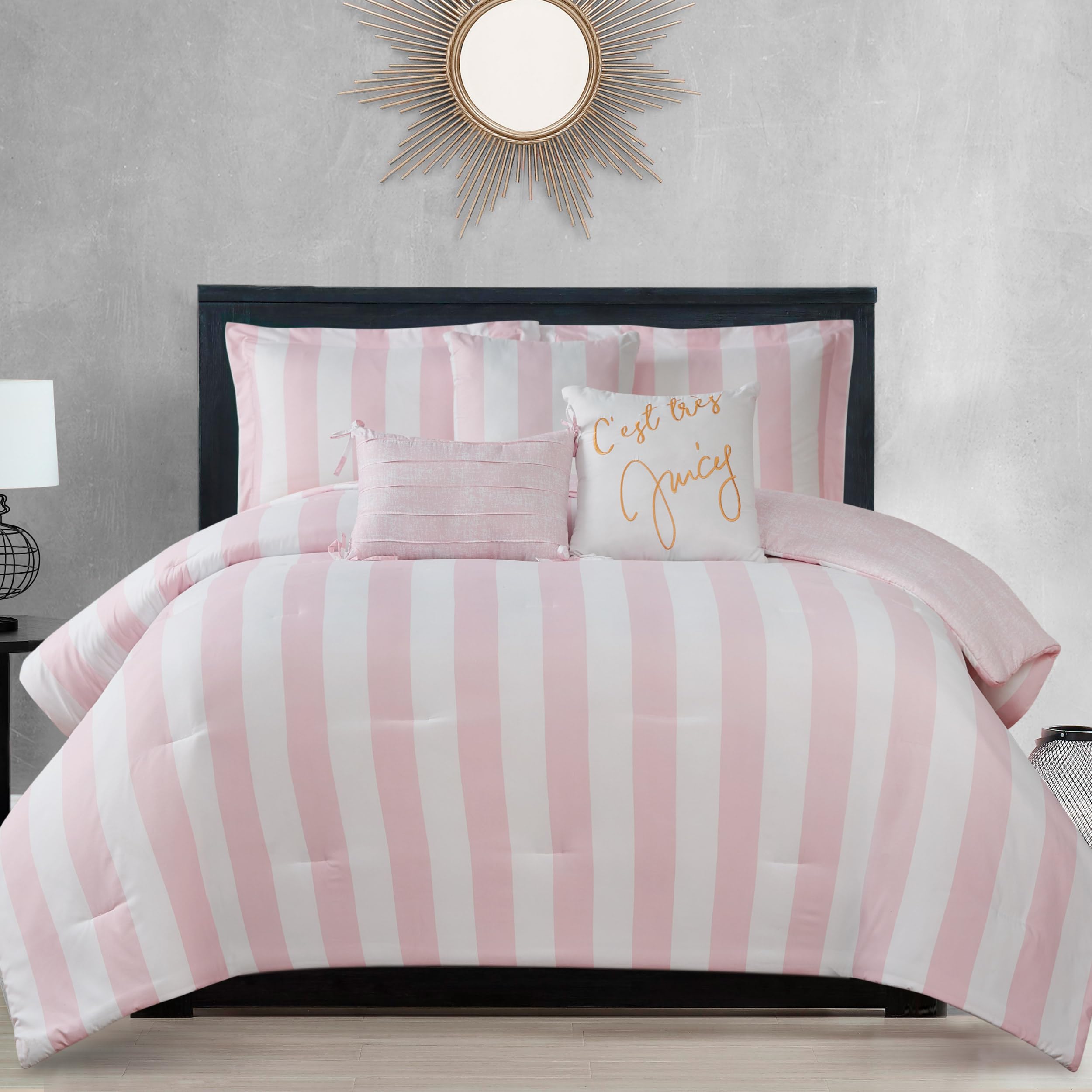 Juicy Couture Cabana Stripe Reversible Bedding Set - Twin/Twin XL Size - Dogwood Pink/White Stripe Print - 5 Piece Set - Includes 1 66" x 90" Comforter, 3 Decorative Pillows, 1 Sham Image
