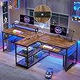 SEDETA 94.5" Home Office Desks, Computer Gaming Desk with Storage, LED Lights, Power Strip with USB, Keyboard Tray & Monitor Stand, Extra Long Double Desk for 2 Person, Rustic Brown