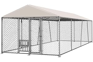 Lyromix 10 x 15FT Large Outdoor Dog Kennel with Bowls, Dog Kennel Outside with Waterproof Cover Roof, Galvanized Heavy Duty Chain Link Dog Runs Cage Playpen for Outside with Secure Lock