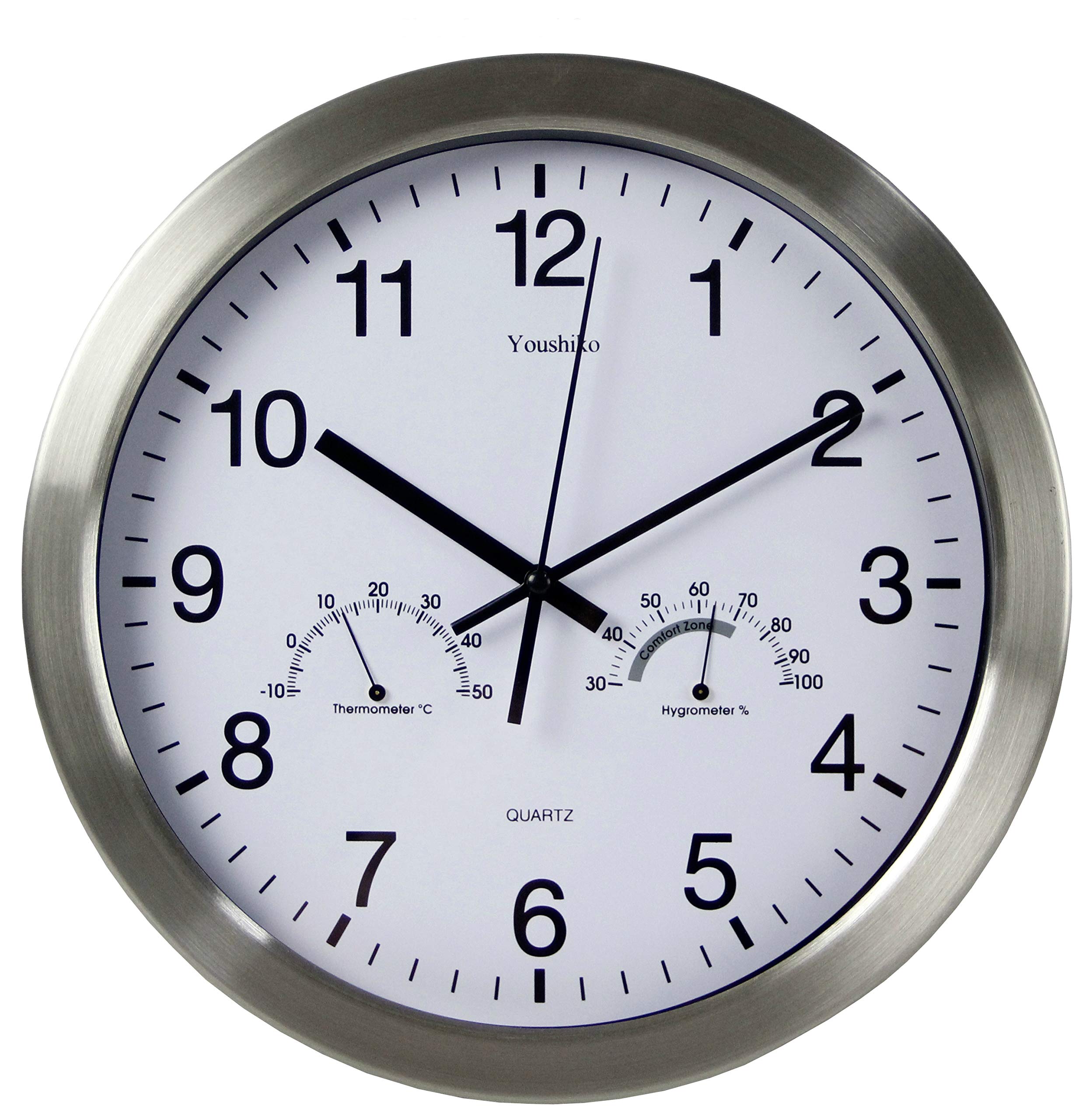 Youshiko Large Bold Quartz Metal Wall Clock with Temprature & Humidity, 12'' Non Ticking Silent Sweeping Seconds, Home/Kitchen/Office/School Clock, Easy to Read