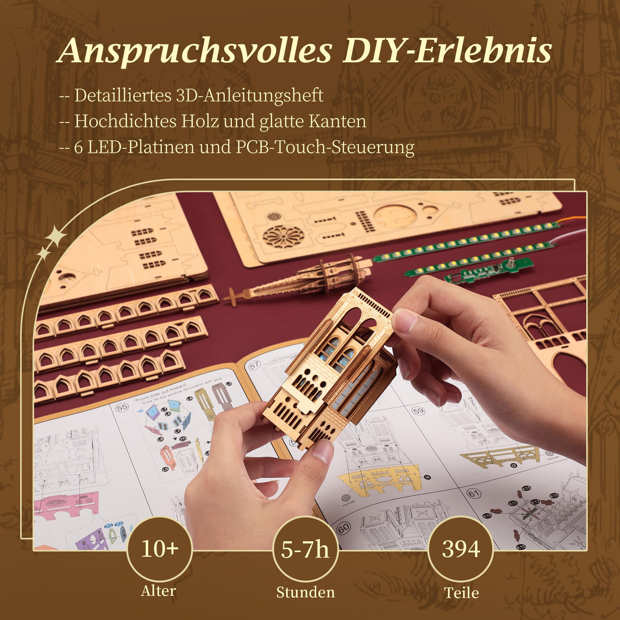 FUNPOLA LED 3D Holzpuzzle - Notre Dame de Paris Architekturmodell - Nachtedition mit LED-Beleuchtung - DIY Baumodell Bastelset Architektur-Bausatz 5