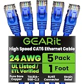 GEARit Cat6 Patch Cables Cat 6 Ethernet Cable 1 ft 5-Pack Blue | Ethernet Patch Cable, 10Gbps 550MHz 24AWG Pure Copper, Snagless, Gold Plated RJ45 for Router, Server, Router, PC