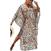 IMAGEKOPE Women's Plus Size Animal Print V-Neck Batwing Kaftan Beach Dress Bathing Suit Cover-Up Loungewear