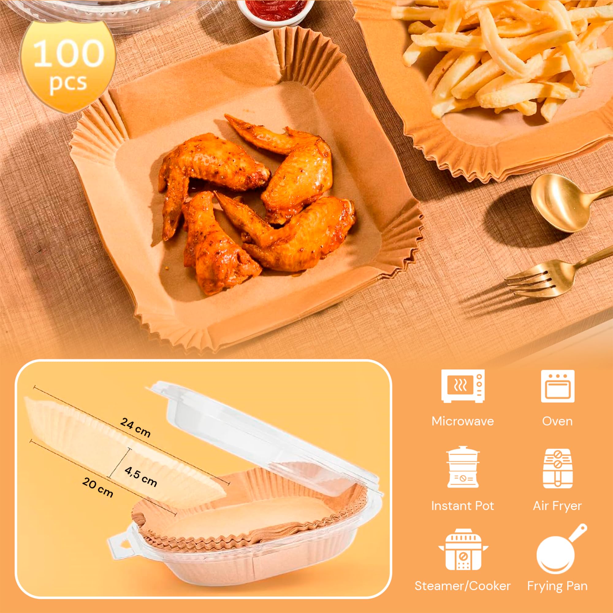 edihome, Backpapier für Heißluftfritteuse, fur Air Fryer, 100 Stück, 20-24 cm, BPA Free, Zubehör Heissluftfritteuse, Einweg, für Backofen, 5 bis 8 Liter (Quadratisch, 20-24 cm) 2