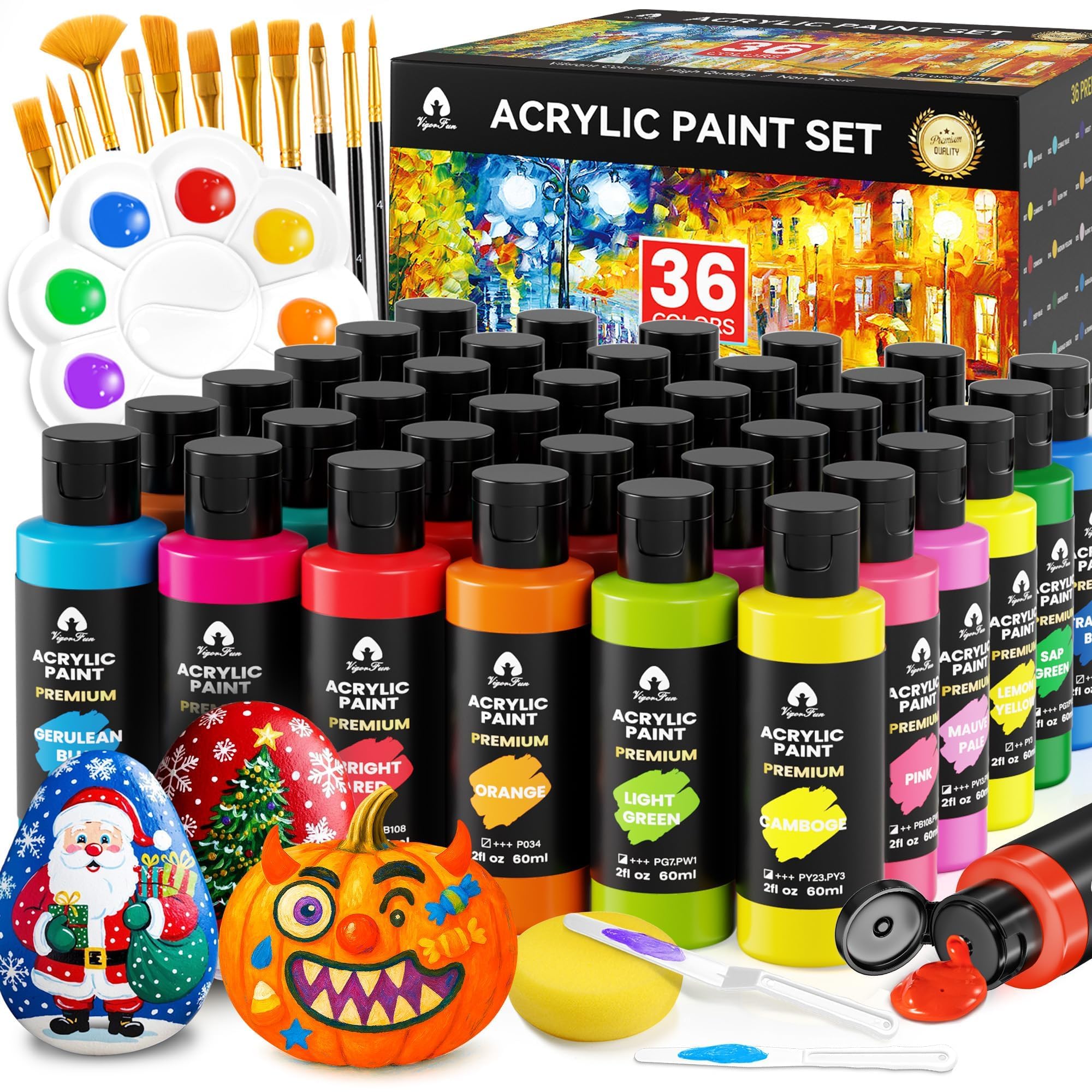 Photo 1 of 52 Pcs Acrylic Paint Set - 36 Colors (2oz/60ml) with 12 Brushes, 2 Knives & Palette - Rich Pigments for Adults, Kids, Artists & Beginners - Painting on Halloween Pumpkin Canvas Ceramic Rock Wood