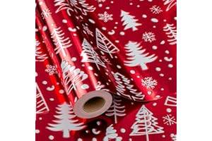 MAYPLUSS Christmas Red Wrapping Paper Roll - 17 Inch X 33 Feet - Luxury Metallic Shiny Red Christmas Tree and Snow Foil Roll Winter Holiday Gift Wrap Sheet for Party, DIY Crafts & Festive Decoration