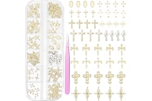 TATIWOO 60 Pcs Gold Coss Nail Charms, 12 Styles 3D Cross Gold Nail Charms Crosses Star Nail Charm and Gems, Mixed Crosses Golden Charm for Acrylic Nails Y2K DIY Accessories