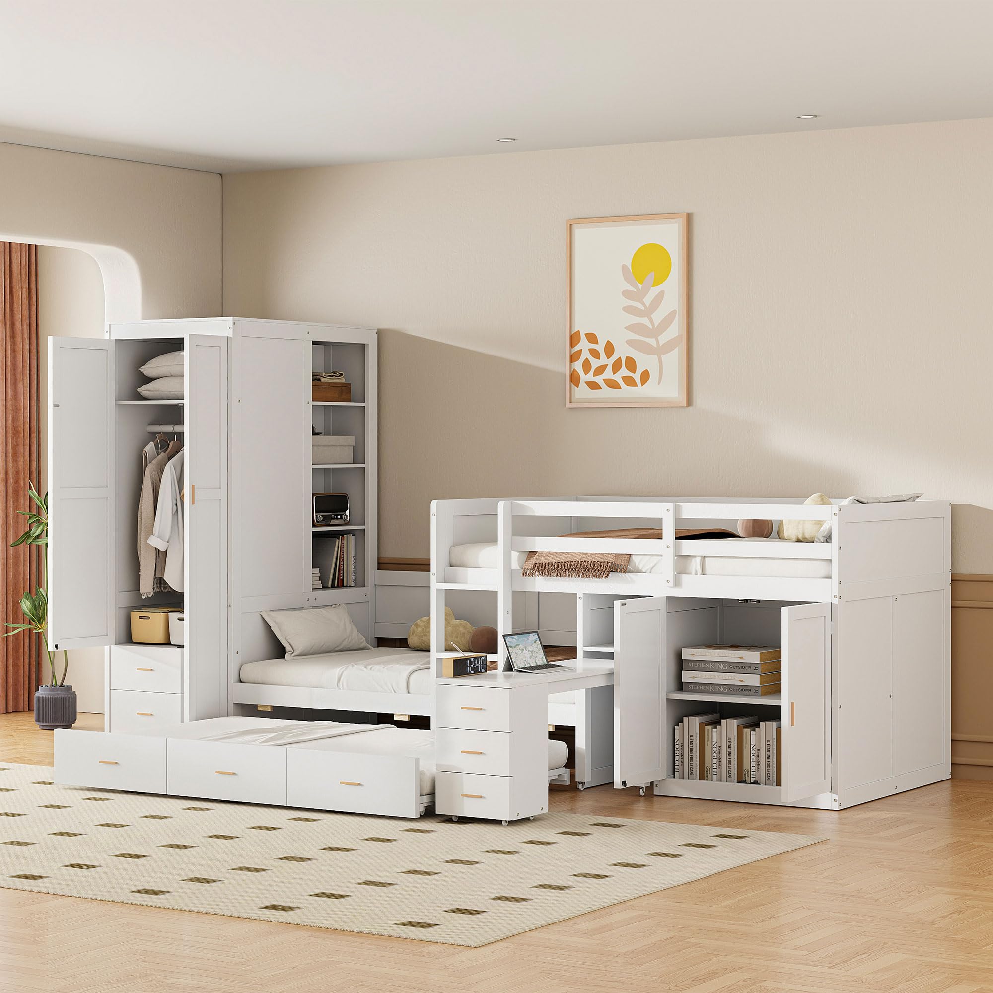 Photo 1 of **********INCPOMPLETE SET, THIS IS ONLY BOX #3 OUT OF 4 BOXES***********
Merax Wooden Bunk Bed with Wardrobe, Desk, Storage Cabinets and Drawers, Twin Over Twin Wood Bed Frame & Trundle for Kids Teens Adults, Space Saving Design, No Box Spring Needed, Whi