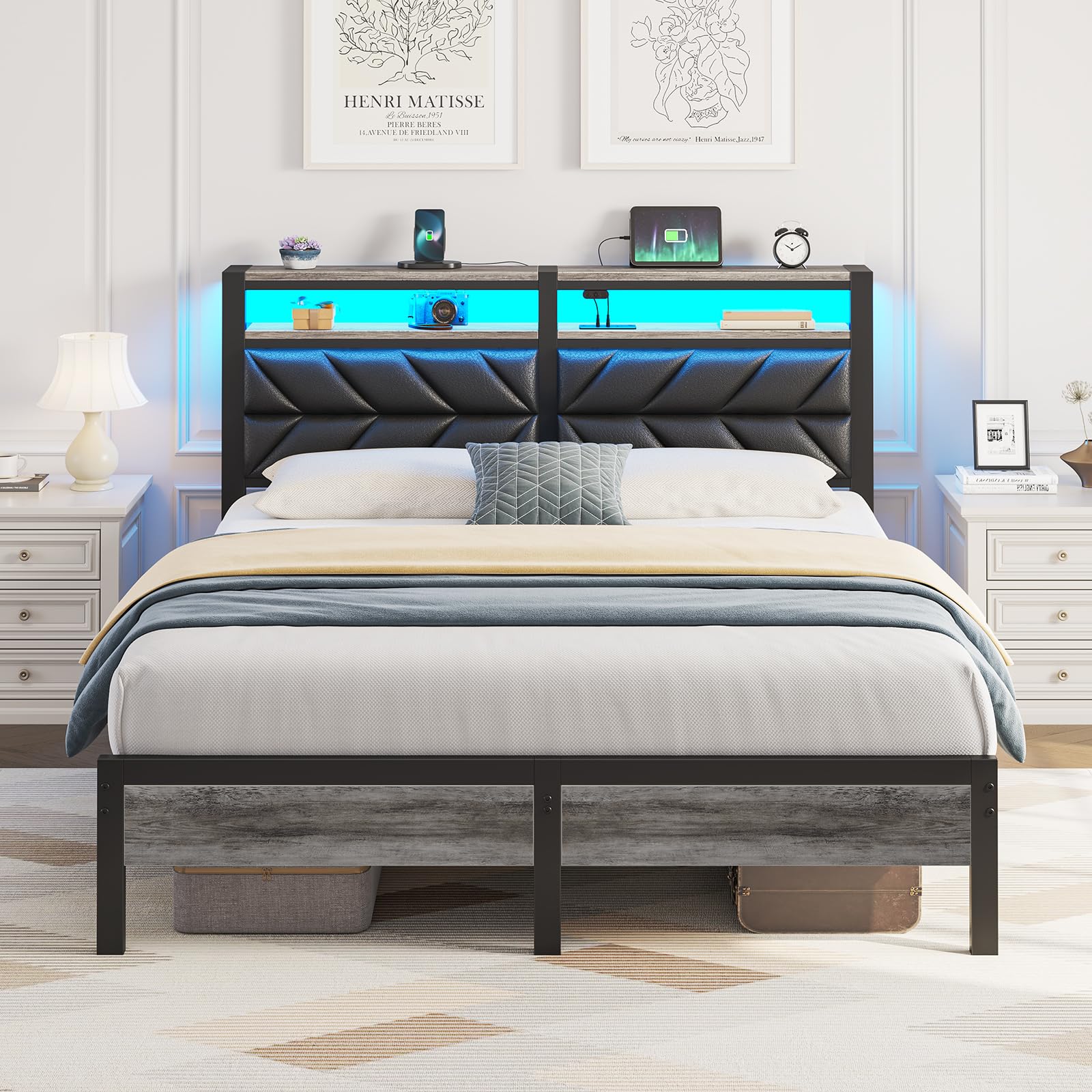 Seventable Bed Frame Full Size with Charging Station, LED Bed with Upholstered Storage Headboard, Metal Platform Bed with Under Bed Storage, No Box Spring Needed, Noise Free, Easy Assembly, Black Image