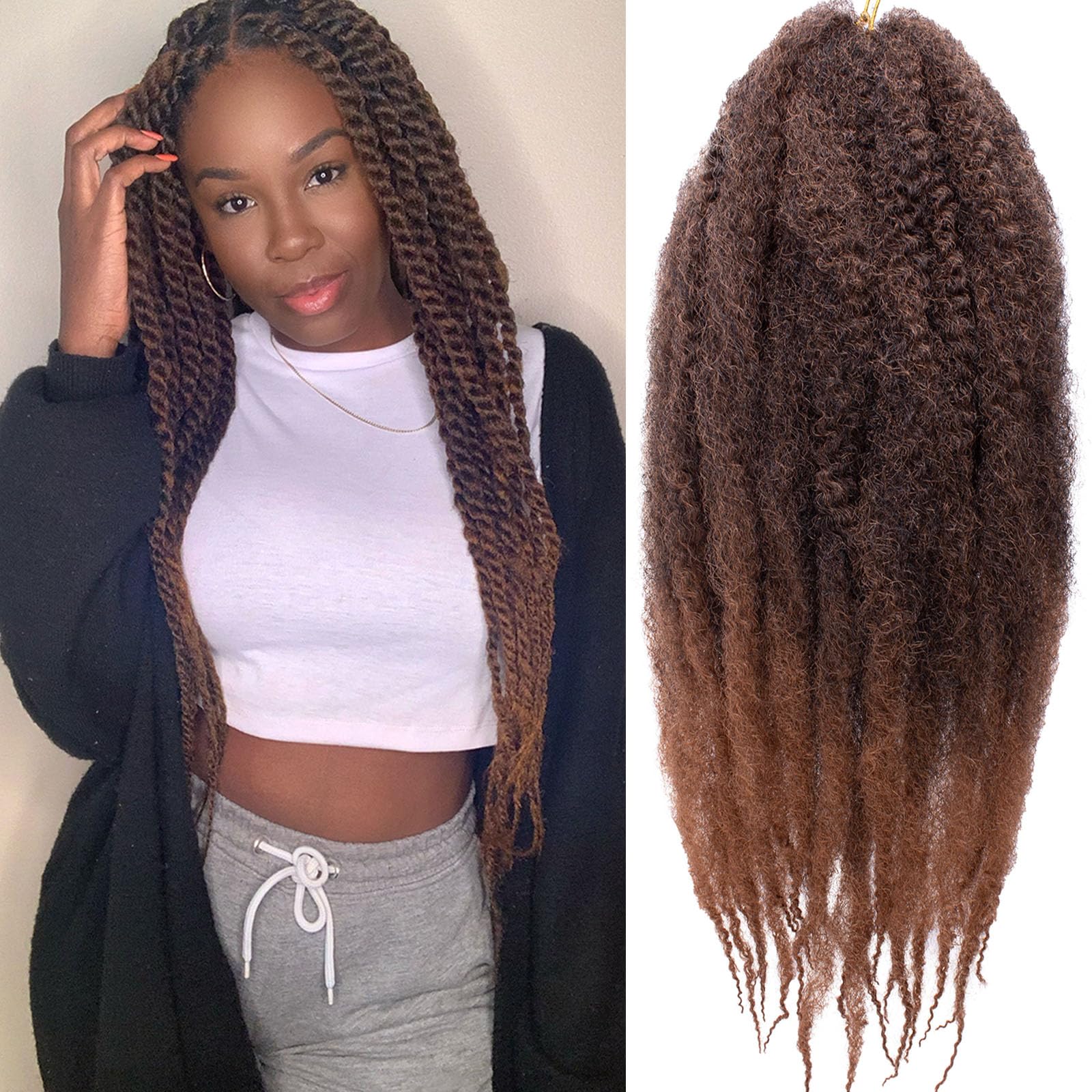 Samtress 8 Packs Ombre Brown Marley Twist Braiding Hair 18 Inch Marley Hair For Faux Locs Kinky Afro Marley Braiding Hair Synthetic Crochet Hair Extensions (#T30) — image 1