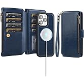 Antsturdy Compatible with MagSafe iPhone 15 Pro Wallet Case,Dark Blue | Detachable Magnetic Credit Card Holder,RFID Blocking,PU Leather Zipper Purse,Wrist Strap Kickstand,Flip Phone Cover for Women