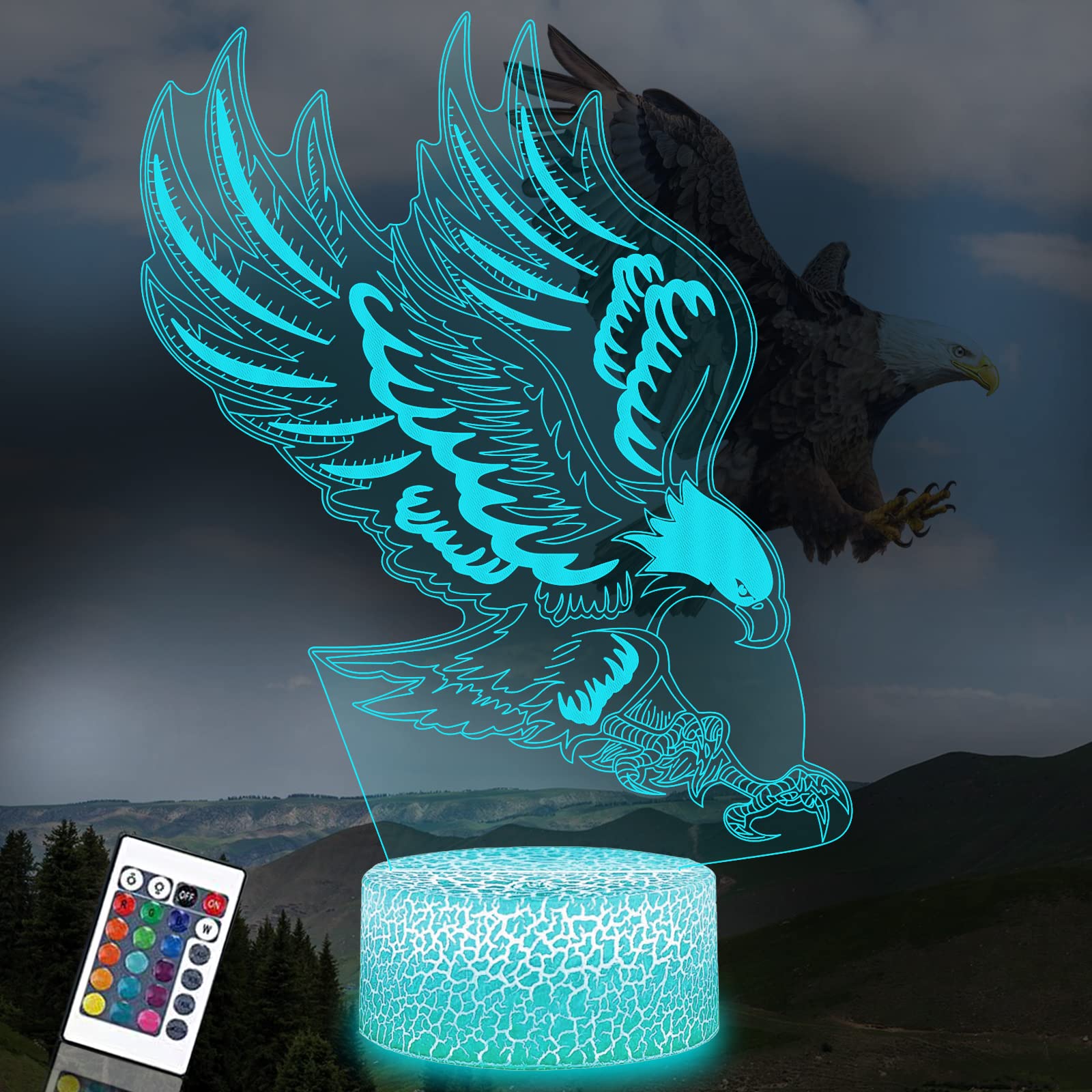 PONLCY 3D Illusion Lamp Eagle Led Night Light, 16 Colors Changing USB Desk Lamps with Remote Control, Bedroom Decoration Table Lights for Kids Birthday Gifts