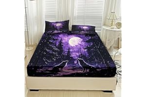 Wolf Sheets Queen Size, Wolves Forest Wildlife Purple Sheet Set, Wolf Bed Sheets - 16 Inch Deep Pocket, Ultra Soft Winkle Fre