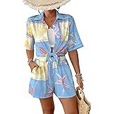 Bsubseach 2 Piece Short Sets for Women Tropical Printed Short Sleeve Button Down Shirt and Shorts Summer Beach Vacation Set