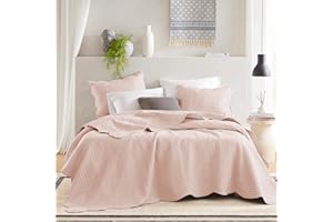 Madison Park Queen Quilt Set Damask Coverlet Set for Queen Size Bed, Cottage Oversized Quilt Set, Scallop Edge, All Season, Pre-washed Cotton-Filled Queen Size Quilt, Tuscany, Full/Queen Blush 3 Piece