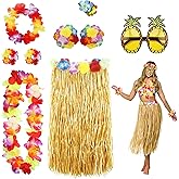 PHOGARY 8 Pack Hula Skirt Costume Accessory Kit for Hawaii Luau Party - Dancing Hula w/Flower Bikini Top, Hawaiian Lei, Hibiscus Hair Clip, Pineapple Sunglasses for Women(Straw color)