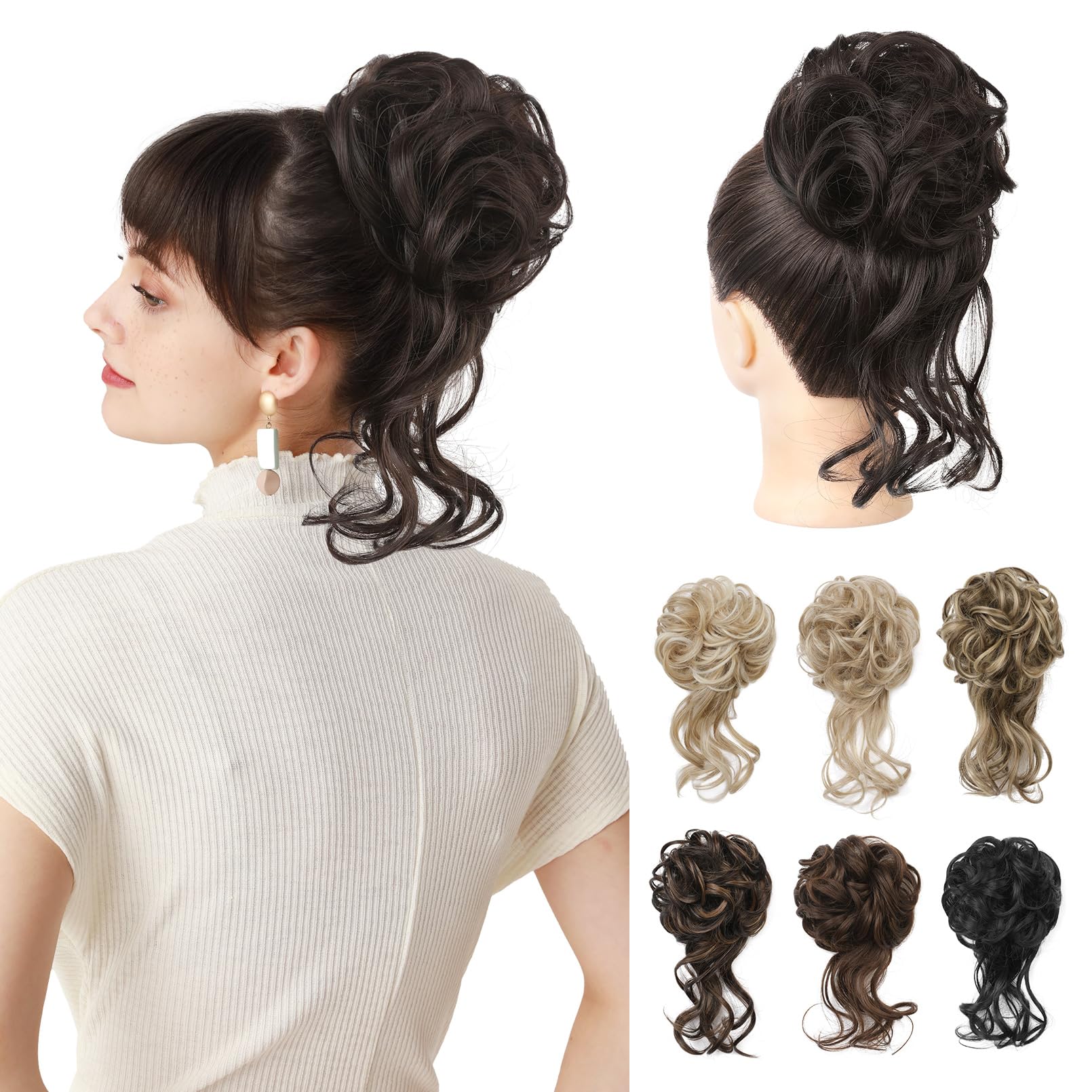 REECHO Messy Bun Hair Piece, Tousled Updo Elastic Hair Bun Hair Piece for Women Synthetic Messy Hair Bun Donut Accessories Scrunchies - Black Brown