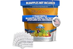 Bluapple Produce Saver Refill Kit - Keep Fruits and Vegetables Fresh Longer, 8 Veggie and Fruit Saver Packets, Each Packet Lasts up to 3 Months, Ethylene Gas Absorber, Made in USA