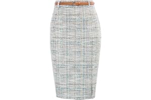 Kate Kasin Women's Tweed Pencil Skirt Knee Length High Waisted Skirts with Slit Elegant Skirts with Belt