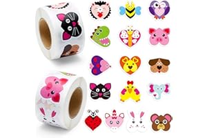 BeYumi 1000Pcs Valentine's Day Heart Shaped Animal Stickers in 2 Rolls for Kids Valentine Heart Labels Waterproof Vinyl Decals for Greeting Cards Envelope Scrapbooking Party Decor Gift for Girls Teens