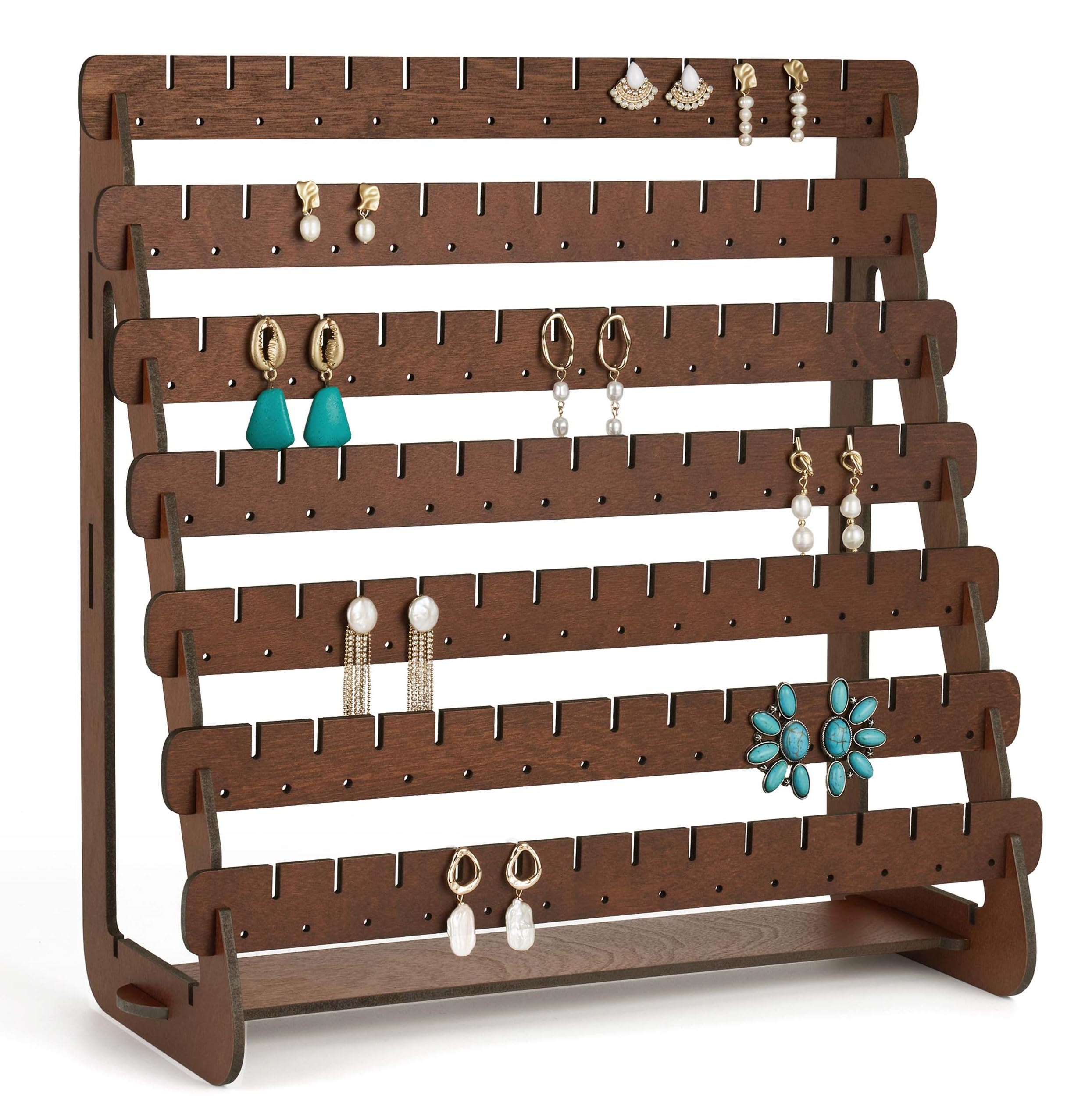 Photo 1 of Mymazn Earring Display, Wood Earring Stand Organizer Stud Earrings Tower Jewelry Organizer Holder for Stud Hook Earrings Organizer (Walnut Color)
