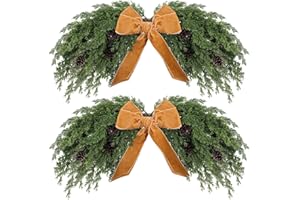 Suncalla 31.5" Christmas Swag for Front Door Rustic Velvet Bow Christmas Centerpiece with Berries for Indoor Outdoor Decor(Cedar,Khaki)