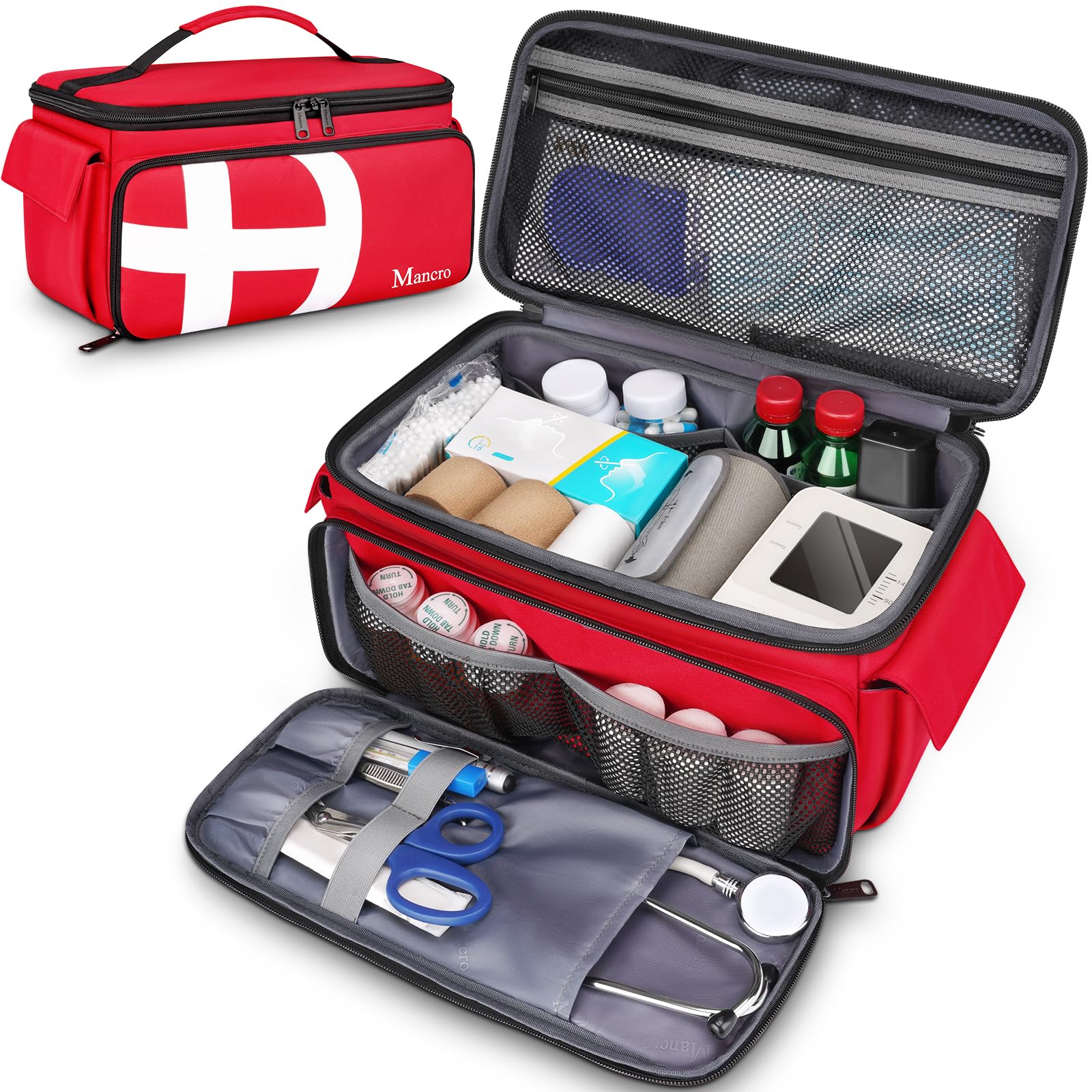 Photo 1 of *****BAG ONLY DOESN'T COME WITH PICTURED ITEMS INSIDE**** Mancro First Aid Bags Empty, Medical Travel Bag with Multi Pockets, Pill Bottle Organizer for Travel, Home Storage, Trauma Bag for EMT, Nurses, Doctor, Emergency Bag for Medicine, Medical Supplies