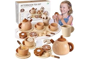 HERSITY Tea Set Toddler Wooden Food Play Toys Afternoon Tea Party Kids Kitchen Accessories for Little Girls Boys 3-5 Years Old