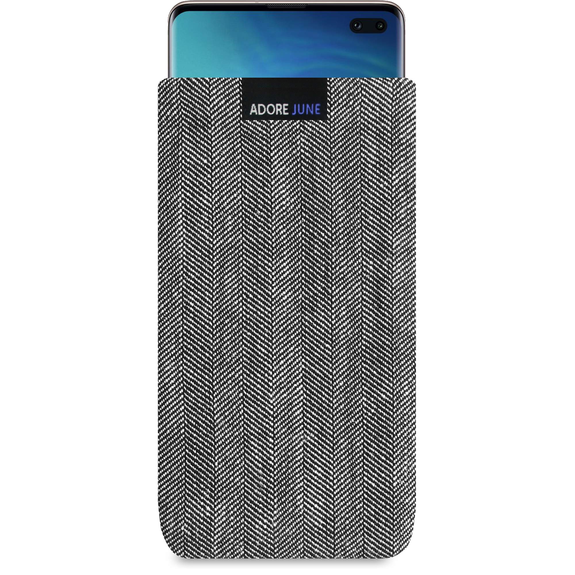 Adore June Business Case for Samsung Galaxy S10 Plus / S10+ Made of Distinctive Herringbone Fabric with Screen Cleaning Effect Grey/Black Made in Europe
