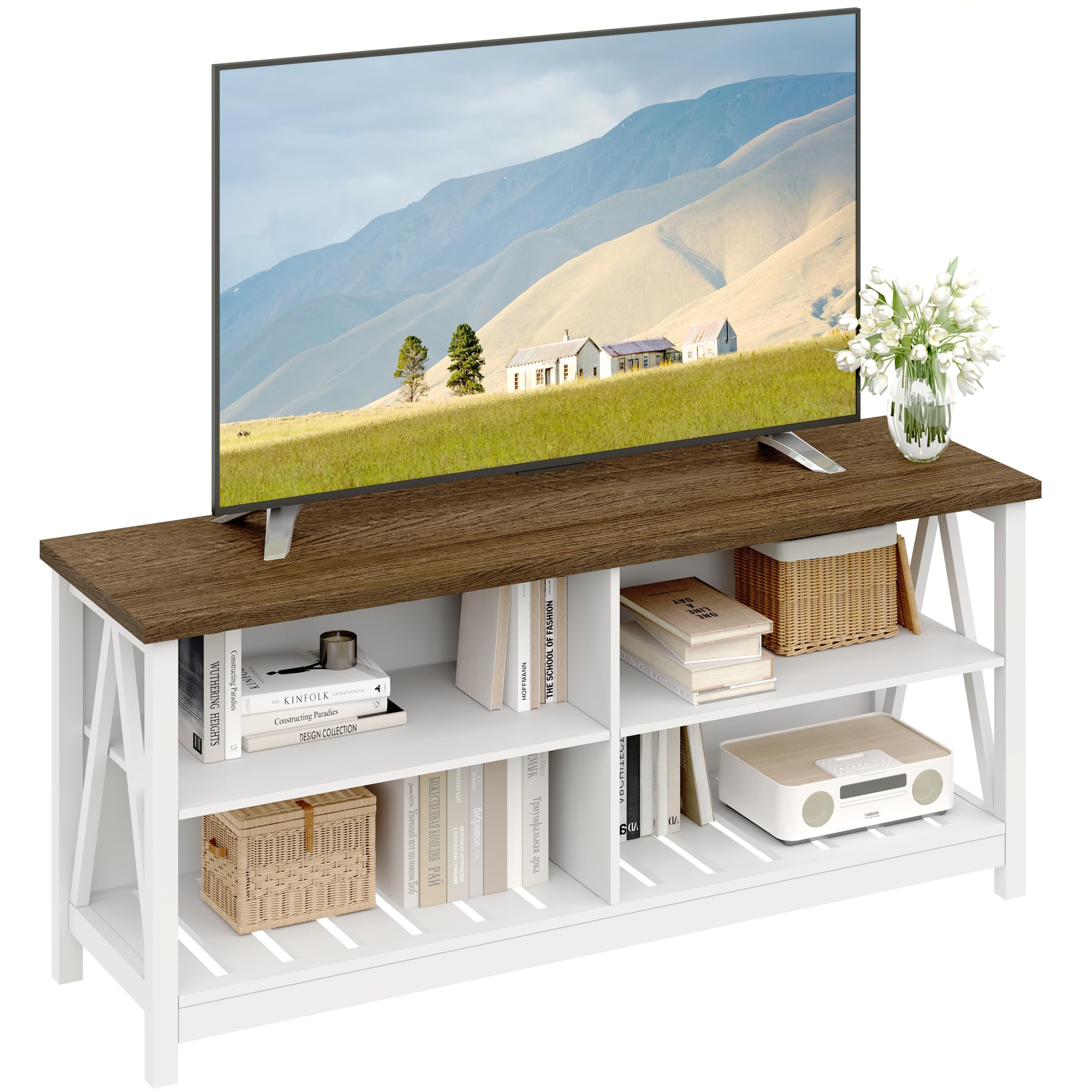 Photo 1 of ***FOR PARTS*** ChooChoo Farmhouse TV Stand for TVs up to 55 Inch, Modern Entertainment Center with 4 Open Shelves & Built-in Cable Holes, Media TV Console for Living Room, Bedroom, White