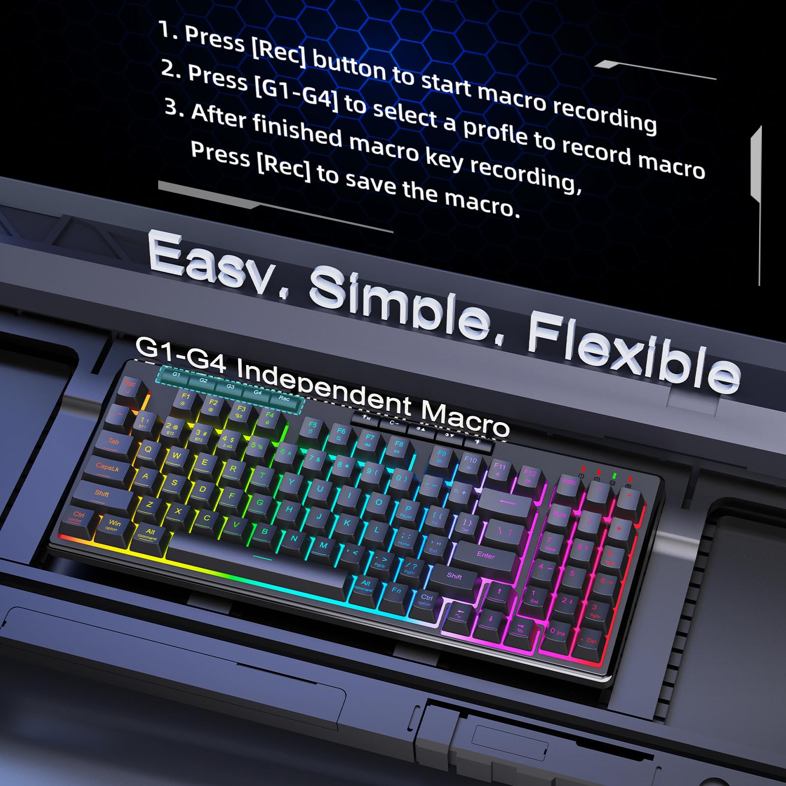 Redragon K517 Pro Wireless Gaming Keyboard, RGB Backlit, Tri-Mode BT/2.4GHz/USB-C, 96% Mechanical Feel 94 Keys Computer Keyboard with 4 Macro Keys, Number Pad, 4000mAh Battery for Win/MAC