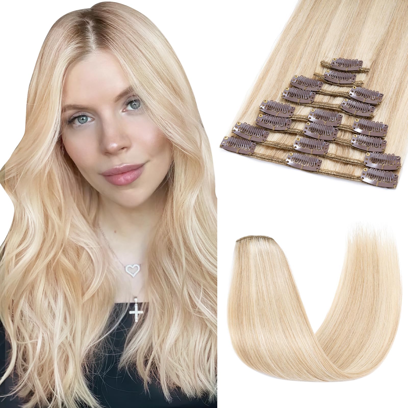 SEGOHAIR 8 PCS Hair Extensions Clip in Real Human Hair, 10 inch Thin Full Head Human Hair Extensions Straight - Dark Blonde with Bleach Blonde(50g) — image 1