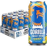 Gorilla Energy Drink, Mango Coconut, 200mg Natural Caffeine, Real Fruit Juice Squeezed & Concentrated, L-Theanine, Taurine, Ginseng, Acetyl L-Carnitine, No Added Sugar and No Artificial Colors, 12 Pack