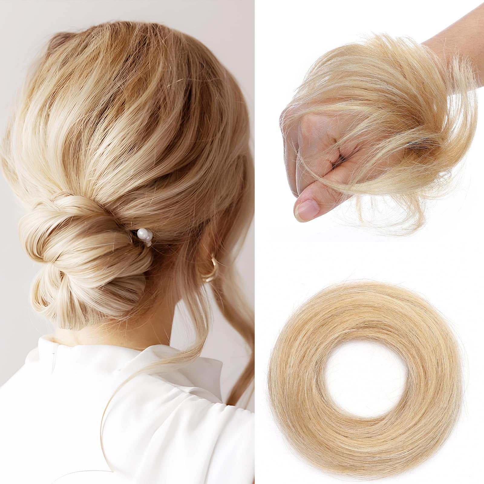 Elailite Updo Hair Buns Scrunchies Extensions HairPieces Donut Chignons For Women - 100% Real Remy Human Hair Straight - Mix #18/613 Ash Blonde & Bleach Blonde — image 1