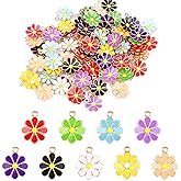Hikio 100 Pcs Alloy Enamel Daisy Flower Charms for Jewelry Making Colorful Spring Floral Themed Bulk Metal Charms for Necklace Bracelet Earring DIY Crafts