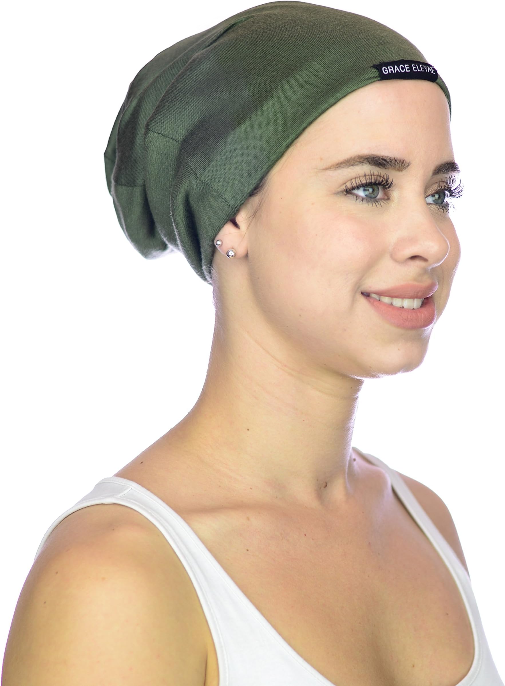 Grace Eleyae Women's [Slap] Satin-Lined Sleep Cap, Tam Hat Beanie Large Olive