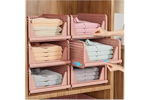 SNSLXH 5 Pack Stackable Closet Organizer Box, Multifunctional & Foldable Closet Storage Basket for Bathroom Kitchen Laundry Room Wardrobe Storage, Space-Saving Clothes Storage Drawer Organizer, Pink
