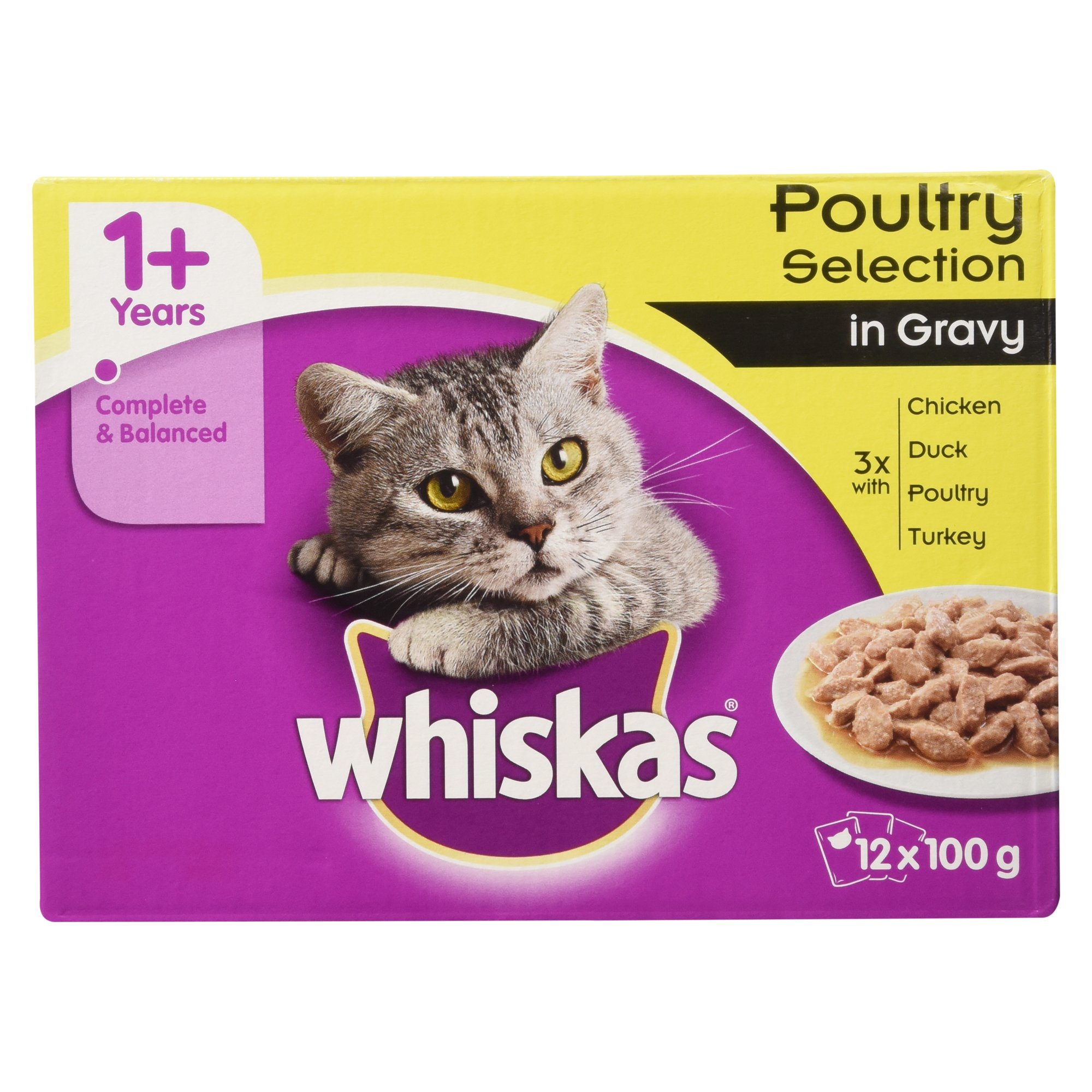 Whiskas 1+ Cat Wet Food in Pouch for Adult Cats, Poultry Selection in Gravy, 12x 100g